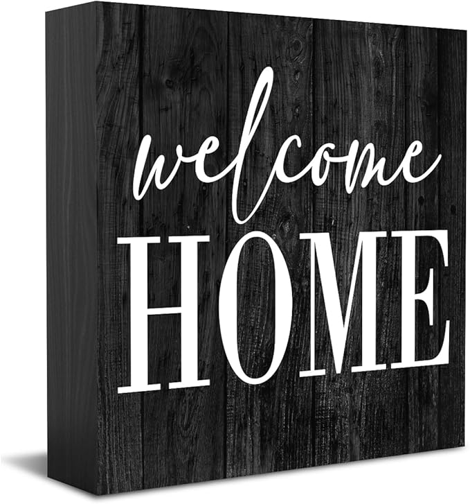 Welcome Home Sign Home Decor Desk Decor Wooden Box Sign Rustic Black Wood Block Plaque Box Sign for Women Family Friends Farmhouse Living Room Kitchen Bedroom Shelf Table Decoration