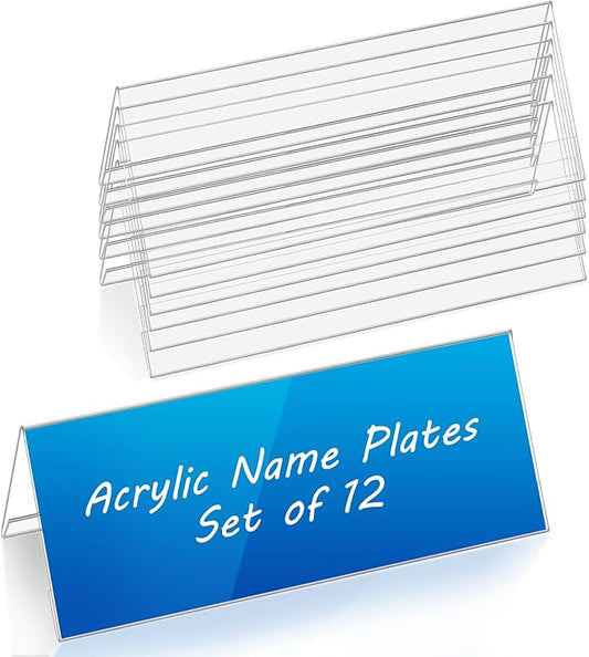 Set of 12 Acrylic Name Plates for Desks 3.15" x 7.87", V-Shape Tent Name Plate Display Clear Name Tent Holders for Office, School Classroom, Home, Conference, Meeting Rooms