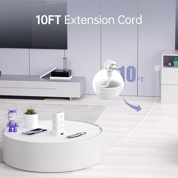 SMALLRT Power Strip Tower Surge Protector with USB 12 Outlets 4 Ports (1 C), Flat Plug 10FT Extension Cord Multi Outlet Extender Overload Protection for Home Office zyc06