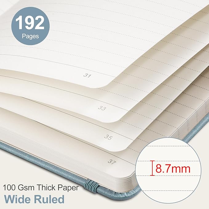AHGXG Wide Ruled Notebook for School - Lined Journal for Women Men, 192 Numbered Pages, 100 GSM Thick Paper, A5 Hardcover Leather Notebook for Work, Writing, 5.7"×8.3" - Gray Blue