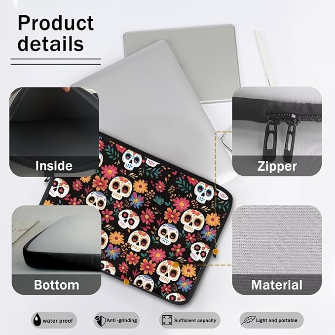 Skull Printed Computer Carrying Cover with Floral Print Laptop Case Bag Easy to Carry Computer Bag, 17 Inch Lightweight Laptop Briefcase Messenger Bag for Women
