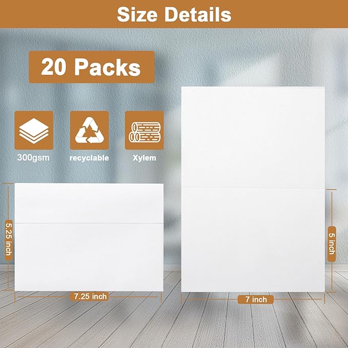 White Blank Greeting Cards with Envelopes 5 x 7 Heavyweight Folded White Cardstock and A7 Envelopes Printable Self Seal 20 Packs for Wedding Invitations, Birthday, Thank You Cards, Mailing
