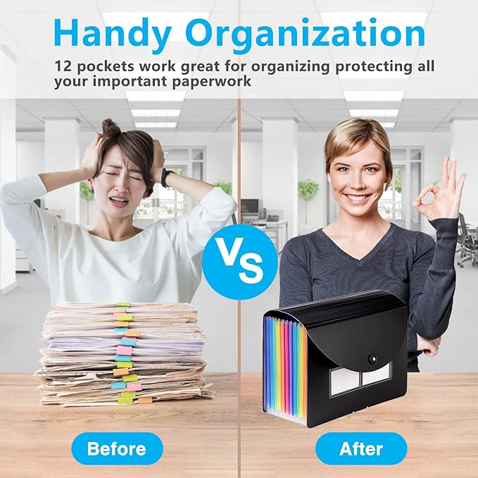 Sooez Accordion File Organizer, 12 Pockets Expanding File Folder, Portable Monthly Paper Bill Tax Receipt Organizer, Letter A4 Size Document Holder with Blank Labels, Black