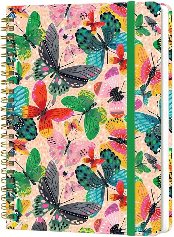 Spiral Notebook - A5 Spiral Notebooks, 8.3'' × 5.8'', 160 Pages, Aesthetic Journaling Notebooks for Women, College Lined Notebook with Elastic Closure, Back Pocket, for School Office, Butterfly Pink