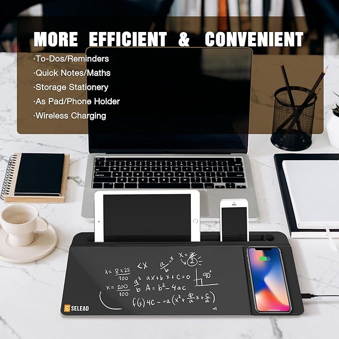 SELEAD Desktop Glass Whiteboard with Wireless Charger Station, Dry Erase Board Computer Pad Keyboard Stand with Organizer for Home, School, Office Desk Accessories, Black