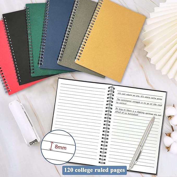 GINMLYDA 12Pack Small Spiral Notebook A5, 8.25x5.5” 120 Lined Pages Wide Ruled Spiral Journal Bulk Blank Kraft Cover Spiral Bound Notebook & Writing Pads for Home Office Meeting Work Note Taking