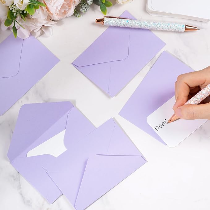 jiebor 100 Sets Small Envelopes with Small Blank Gift Business Card Wedding Invitation Pocket Envelopes for Graduations Wedding Shower Holiday 4.37 x 2.91 Inch Purple