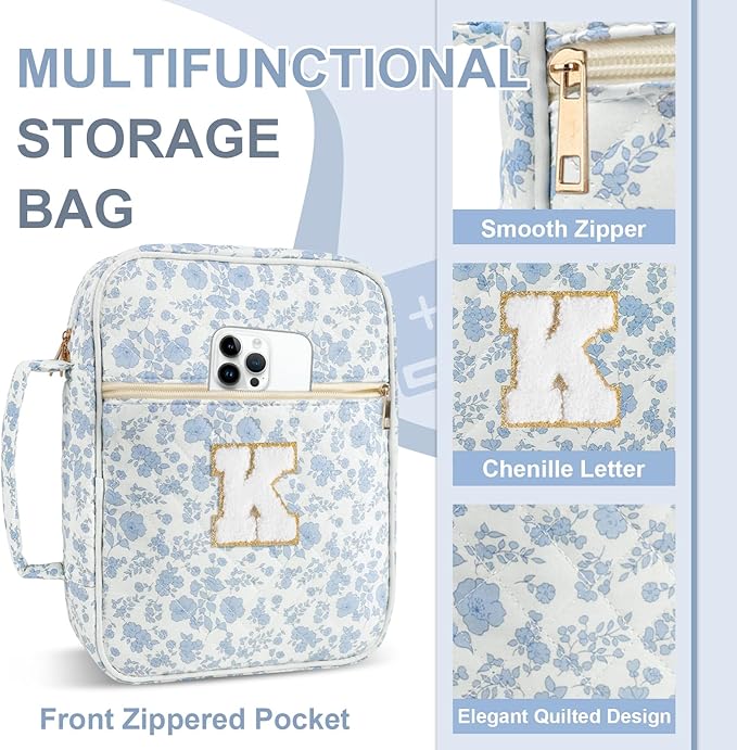 Personalized Initial Bible Cover Case for Women Girls Kid - Large Quilted Bible Case with Handle, Stylish Chenille Letter Bag Study Supplies, Perfect Christmas Gifts for Christians (Blue Flower-K)