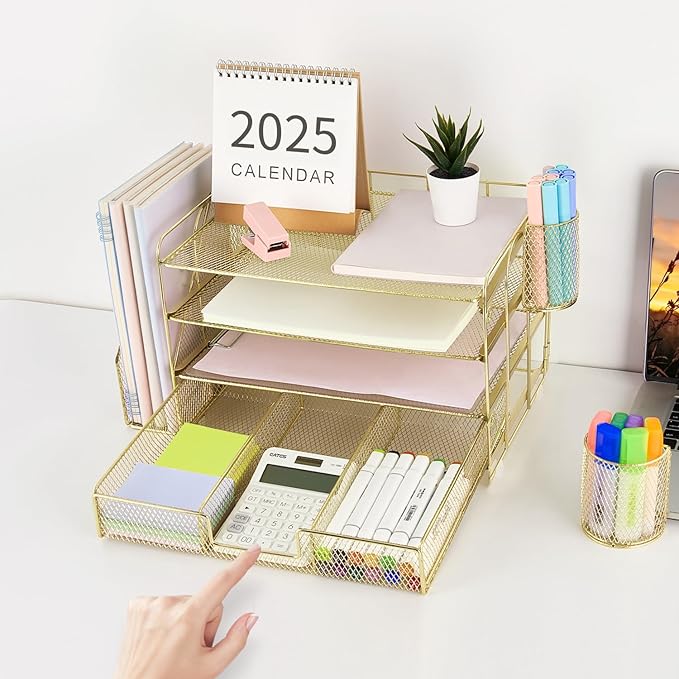 Gianotter Paper Letter Tray Organizer with File Holder, 4-Tier Desk Accessories & Workspace Organizer with Drawer and 2 Pen Holders