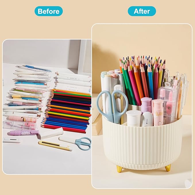 Desk Pencil Pen Holder, 5 Slots 360 Degree Rotating Pencil Pen Organizers for Desk Desktop Storage Stationery Supplies Organizer Cute Pen Cup for Office School Home Art Supply Cream Yellow