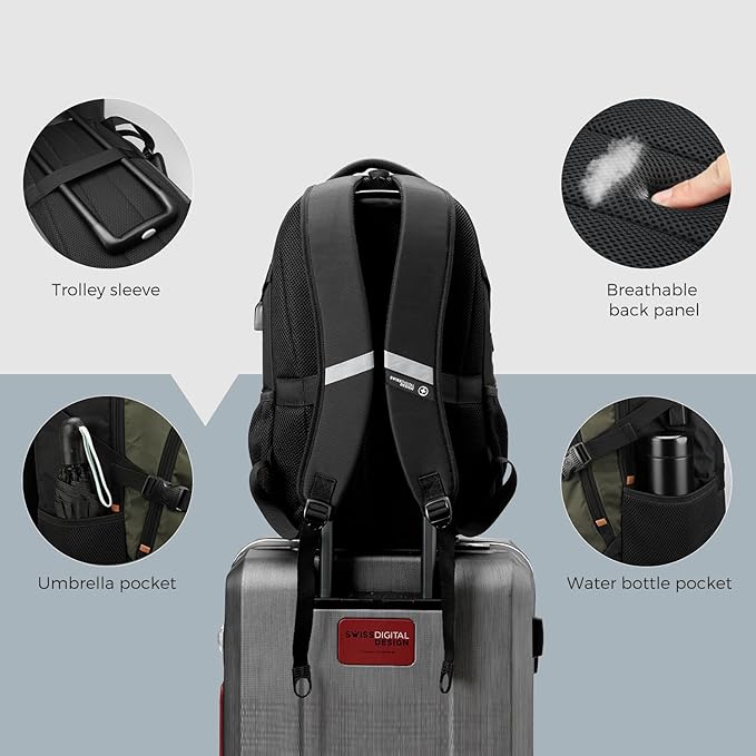 Swissdigital Design Large Business Laptop Backpack with Smart USB Charging Port, Travel Backpack Fits 15.6 inches laptops, Water Repellent College Backpack for Men Women (VECTOR SD803-26 Olive/Black)