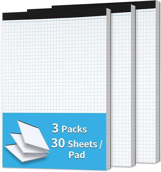 Grid Paper Notebook 8.5 X 11, 4x4 Graph Paper, Sturdy Cardboard Backing, Graph Paper Pad for School, Office, Home, 70 Gsm Grid Paper, 3 Packs, 30 Sheets/Pad