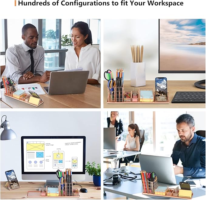 Rose Gold Desk Organizer, Office Desk Accessories with Pen Holder for desk, Desktop Organization with Phone Holder, Sticky Note Tray, Paperclip Storage and Caddy for Office Home School