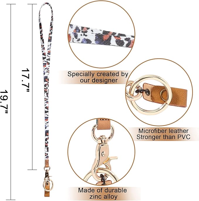 MNGARISTA Neck Lanyard for Keys, Floral Key Lanyard for Women, Durable ID Lanyards with Keyring and Clasp for ID Badges, School ID or Wallets, White Leopard