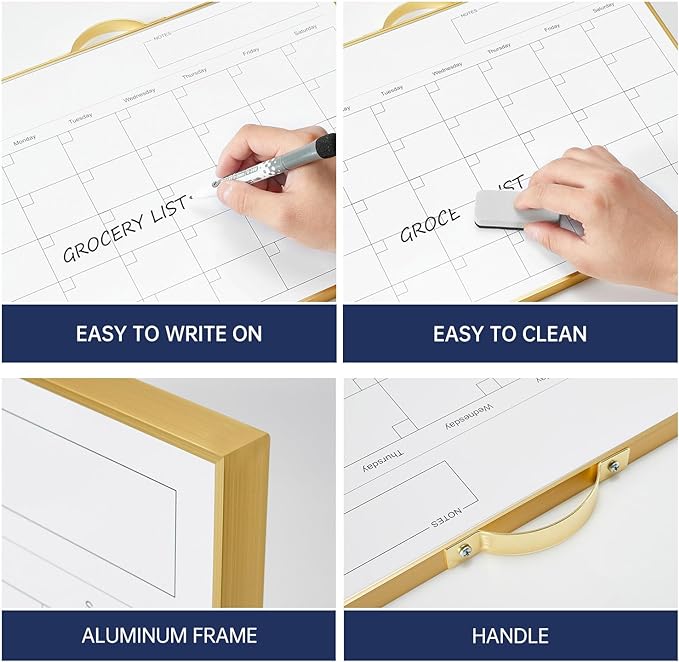 TSJ OFFICE White Board Calendar - 12 X 16 Inches Magnetic Dry Erase Board Monthly Calendar, Double Sided Writing Tablets with a Handle, to Do List Notepad for Office, Home, School, Gold Aluminum Frame