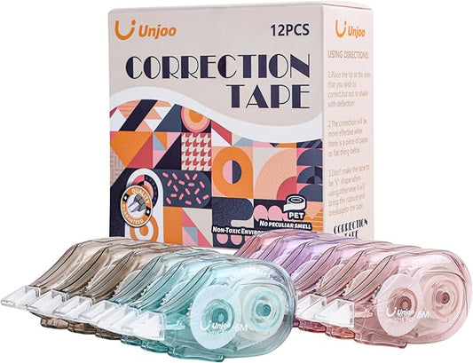 White Correction Tape, Easy To Use Applicator for Instant Corrections Wrong Writing At Any Time, For school, Office (6M/256" x 0.2",4 colors, 12pack)