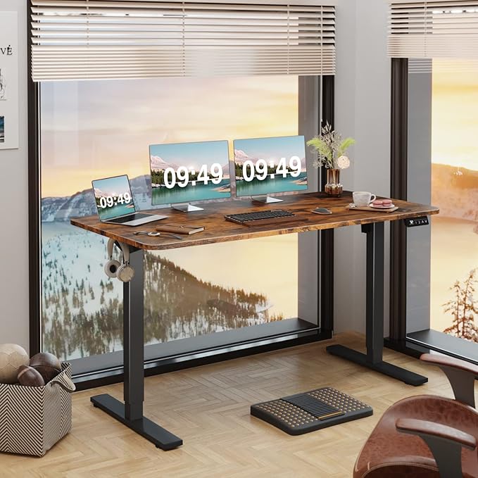 Furmax Electric Height Adjustable Standing Desk Large 55 x 24 Inches Sit Stand up Desk Home Office Computer Desk Memory Preset with T-Shaped Metal Bracke, Brown