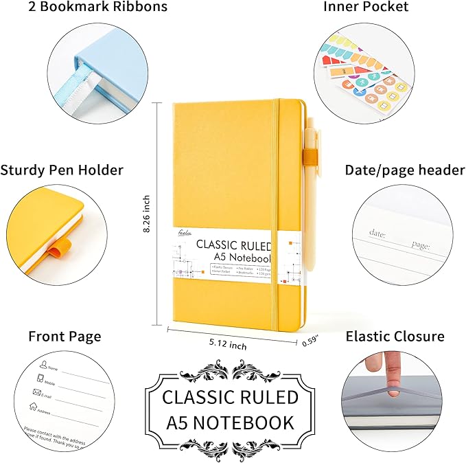 feela Hardcover Notebook For Work, Classic Ruled Lined Journal Set School Business Supplies, with 3 Black Pens, 120 GSM, 5.1”x8.3”, 3 Pack, A5, Solid Colors, Gray, Yellow, Light Blue