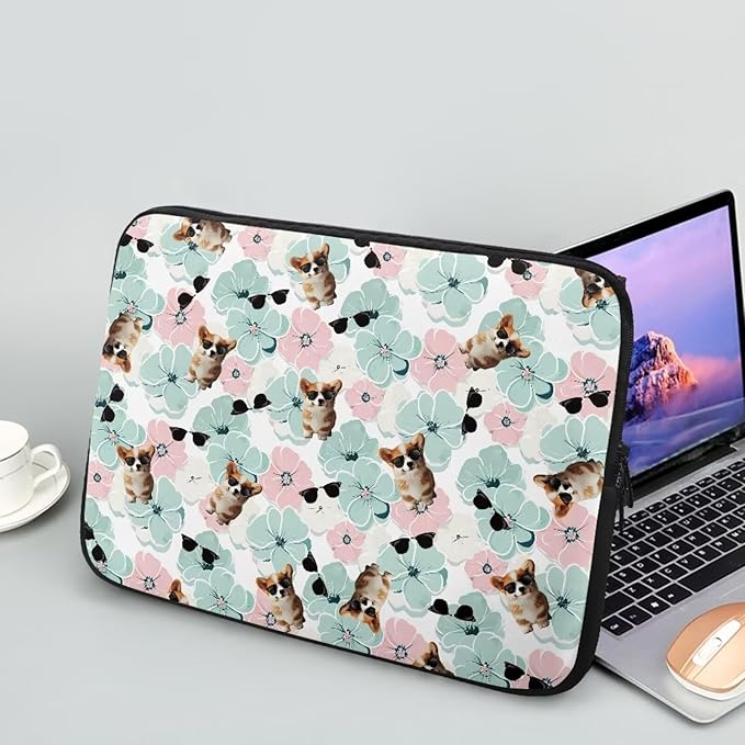 Corgi Dog Printed Computer Bags for Laptops for Women Men, Shockproof 13 Inch Laptop Case Bag Floral Print Messenger Bag with Zipper, Laptop Case Computer Carrying Cover Easy to Carry