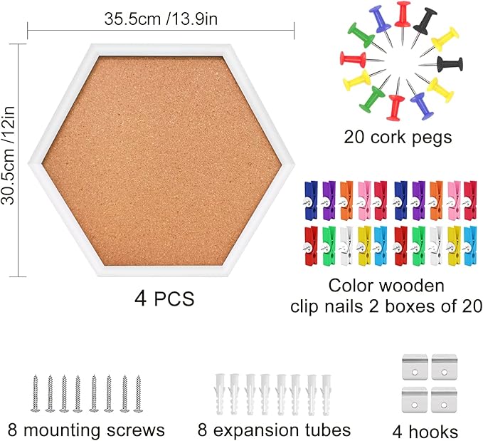 EVNEED 4 Pack Cork Bulletin Board Hexagon, Small Framed Corkboard Tiles for Wall, Thick Decorative Display Boards for Home School Office,School Message Board with 16 Push Pin Wood Clips,White