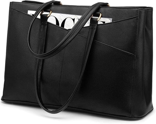 LOVEVOOK Laptop Tote Bag for Women 15.6 Inch Waterproof Leather Computer Bags Business Office Work Briefcase Black