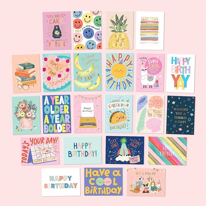 S&O Box of Happy Birthday Cards with Envelopes - 100 Unique Memorable Birthday Cards with Envelopes - Colorful Important Day Notes Bulk for Office & Home - Assorted Occasion Greetings - 4x5.5”