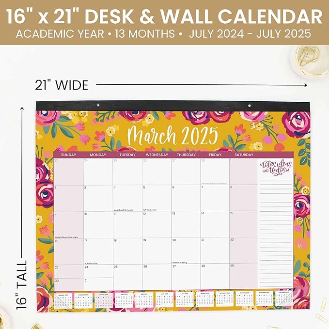 bloom daily planners 2025 Desk Calendar - 21" x 16" Large Monthly Organizer Pad with Stickers (January 2025 - December 2025) Desktop Blotter - Vintage Floral