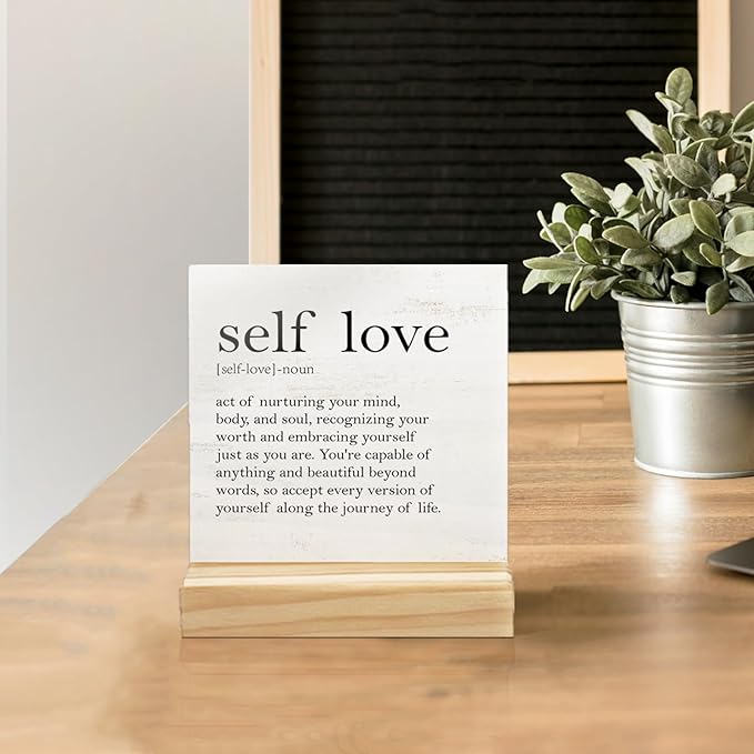 Inspirational Gifts for Women Home Desk Decor, Self Love Motivational Quotes Wooden Plaque Sign Desk with Wooden Stand Decoration, Positive Birthday Christmas Gifts for Women Sister Friend Coworker