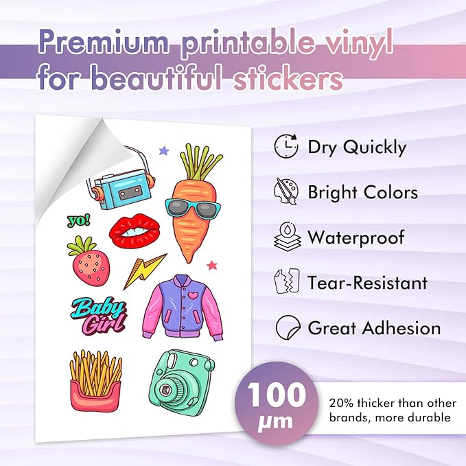 Koala Printable Vinyl Sticker Paper for Inkjet Printer - 50 Sheets White Glossy Sticker Paper, Waterproof Sticker Printer Paper 8.5x11 Inch, Tear-Resistant, Removable