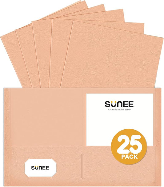SUNEE Folders with Pockets (25 Pack, Warm Brown), 2 Pocket Folders Fit Letter Size Paper, Paper File Folder for School Office Home Business, Textured Paper