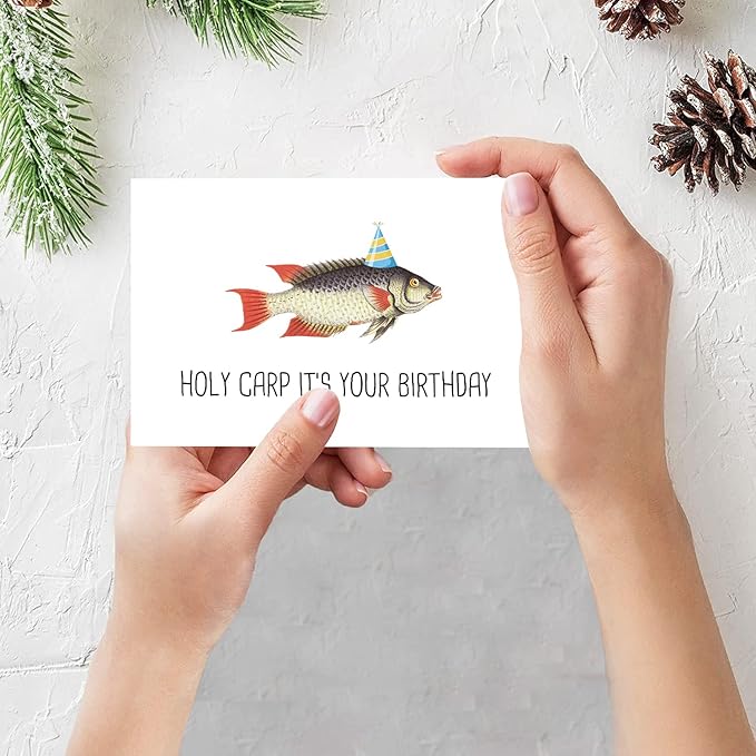 Spercy Funny Pun Birthday Card for Friends, Fishing Carp Birthday Card for Him Her, Humor Fishing Birthday Card, Holy Carp, It's Your Birthday