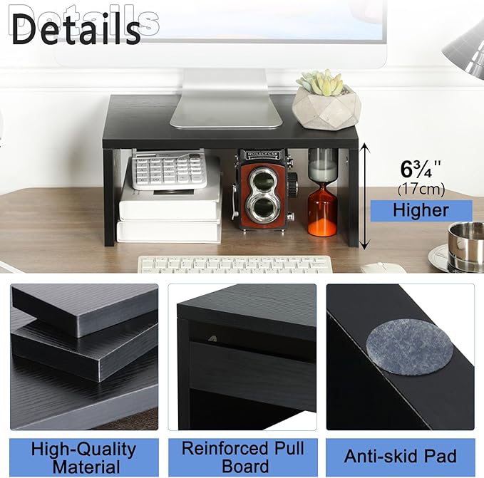 TEAMIX 14.2 inch Monitor Stand Riser, Wood Monitor Riser with Storage for Desk Small Monitor Stand TV/Screen/PC/Laptop Riser Computer Stand Desktop Shelf (Black-Higher)