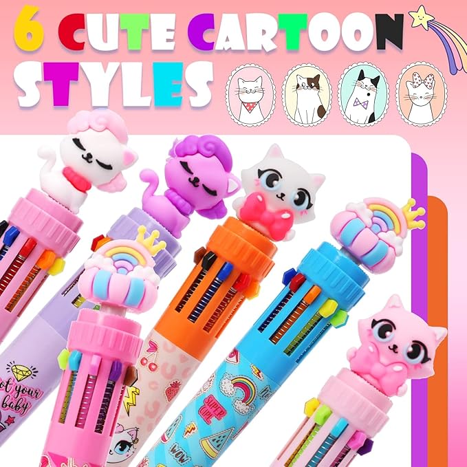 Multicolor Ballpoint Pen 0.7 mm, 10-in-1 Colored Pens Fine Point Retractable Cute Cartoon Cat Ballpoint Pens for Office School Students Kids Christmas Gift, 6 Pack