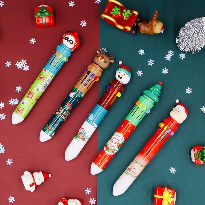 Cute Cartoon Christmas Multicolor Ballpoint Pen 0.7 mm, 10-in-1 Colored Pens Fine Point Retractable Ballpoint Pens for Office School Students Kids Birthday Gift, 5 Pack