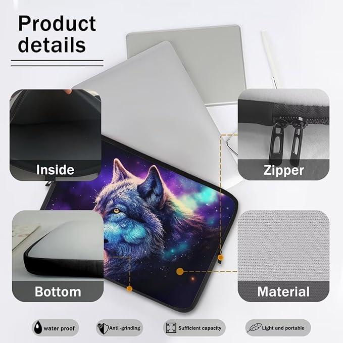 Wolf Printed Laptop Briefcase for Women Men, Waterproof Laptop Case Bag Laptop Case for 13 Inch, Lightweight Computer Carrying Cover with Zipper for Office Business Traveling