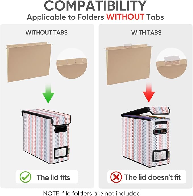 BALEINE File Organizer Box with Lid, Collapsible File Folder Organizer with Plastic Slide, Hanging File Folder Box for Office Document Storage (2 Pack, Color Stripe, S)