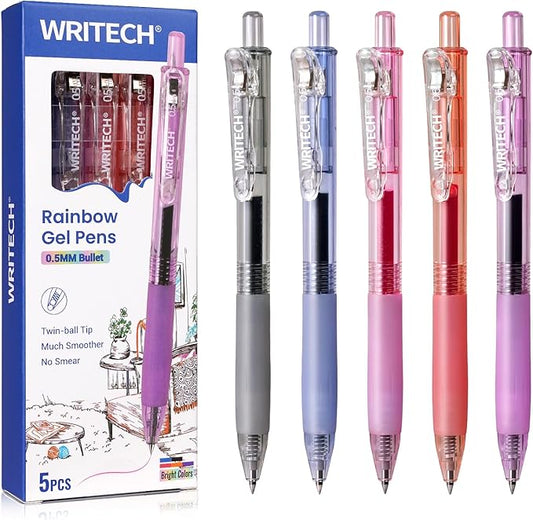 WRITECH Retractable Gel Ink Pens Multi Colored 0.5mm Fine Point Quick Dry Ink Pens For Journaling, Drawing, Doodling, and Notetaking 5ct