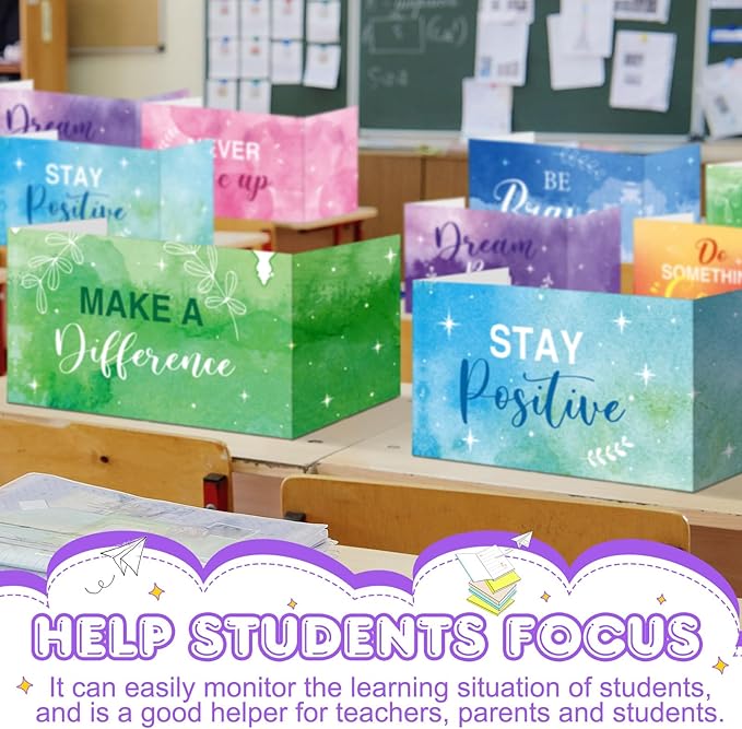 Honoson 24 Pcs Bulk Inspirational Privacy Folders for Students Cardboard Test Privacy Boards Motivational Words Desk Dividers Shield for Classroom School Study Supplies, 6 Styles(Watercolor)