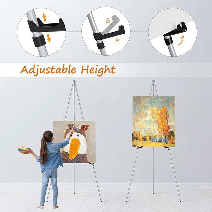 Display Artist Easel Stands - 63" Instant Tripod Collapsible Portable Floor Easels - Easy Folding Adjustable Art Poster Metal Stands for Display Show, Wedding, Painting - Silver 2pack