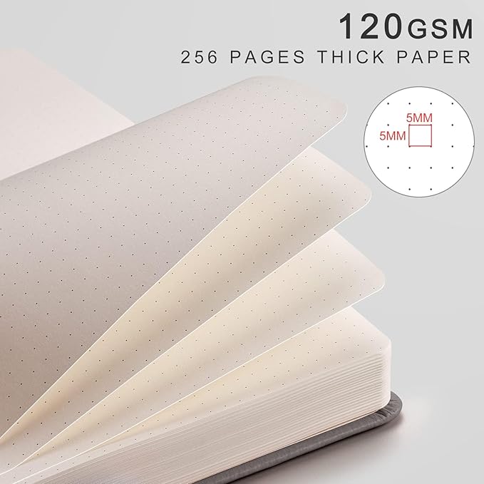EMSHOI Dotted Notebook - 256 Pages A5 Dot Grid Journal Bullet Notebook with 120gsm Thick Dotted Paper,16 Perforated Pages, Hardcover Leather, Pen Holder, Inner Pocket, 5.75'' × 8.38''-Dark Grey