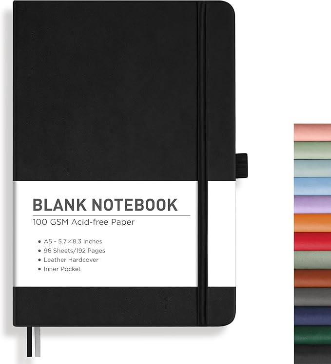 RETTACY Blank Journal Notebook, A5 Blank Journal with 192 Pages, 5.7'' × 8.3'' Medium Size, 68 LB/100 GSM Thick Paper, Leather Hardcover, for Sketching, Drawing, Painting (Black)