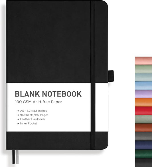 RETTACY Blank Journal Notebook, A5 Blank Journal with 192 Pages, 5.7'' × 8.3'' Medium Size, 68 LB/100 GSM Thick Paper, Leather Hardcover, for Sketching, Drawing, Painting (Black)