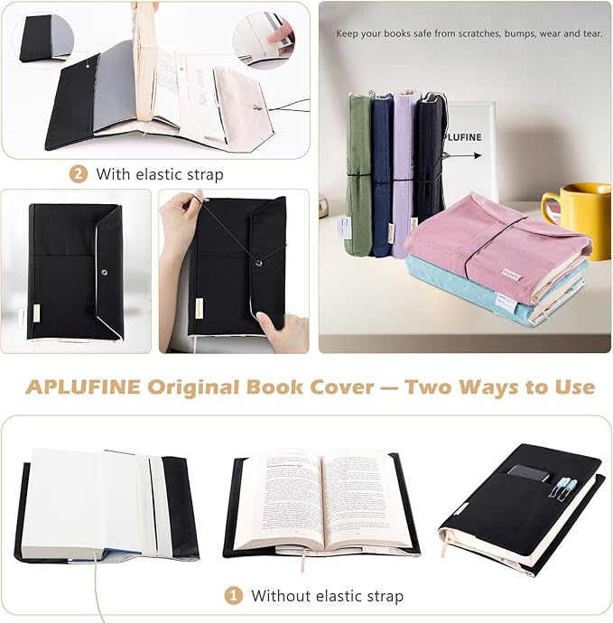 Canvas Book Cover - Washable & Adjustable Covers for Paperback & Hardcover, Pockets for Pen, Book Lovers Gift