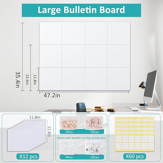 Cork Board for Walls 48" x 36" - White Bulletin Board - 12 Pack Felt Wall Tiles with Safe Removable Adhesive Tabs - Large Corkboard for Office & Home & School Decor - White