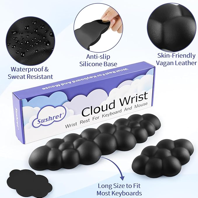 Cloud Wrist Rest Keyboard, Cloud Palm Rest Set with PU Leather Memory Foam, Cute Keyboard Rest for Wrist Support and Arm Rest, Desk Cloud Wrist Pad for PC/Gaming/Hand Cushion/Computer-Black