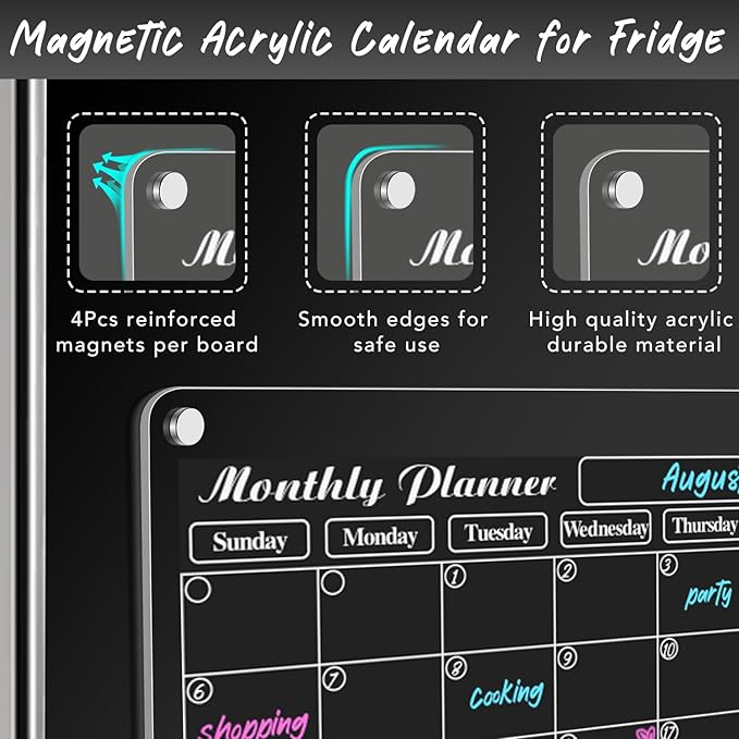 DIYMAG Acrylic Magnetic Dry Erase Calendar for Fridge, Clear Acrylic Calendar Planning Board Magnetic Monthly Planner Menu for Refrigerator with 3 Highlight Markers