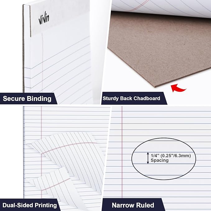 ViVin 5 x 8 Inch Note Pads, 6 Pack, Narrow Ruled, 50 Sheets Per Writing Pad, Perforated, Legal Pads Ideal for Home, Office, Business, 300 Sheets (6 Pack of 50), White Paper