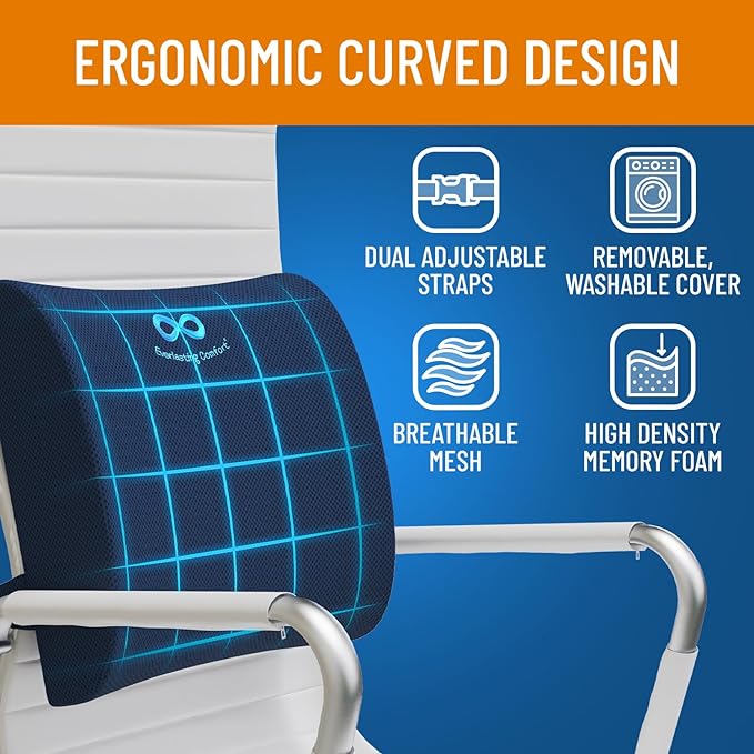Everlasting Comfort Lumbar Support Pillow for Office Chair - Memory Foam Back Cushion for Chair, Car, Couch - Lumbar Pillow Promotes Better Posture, Back Pain Relief - Ideal for Gaming and Desk Chairs