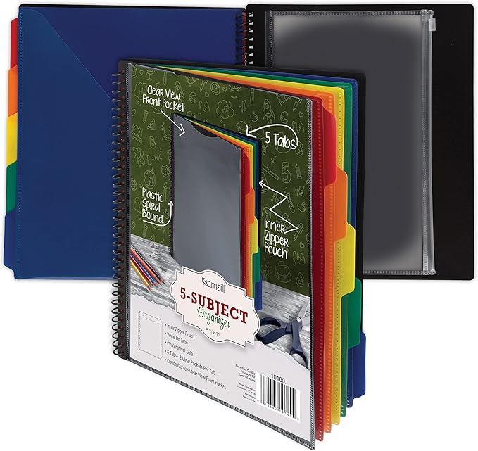 Samsill 10 Pocket Poly Organizer with 5 Dividers,File Folders Letter Size,Customizable Front Cover,Inner Zipper Pouch,Erasable Write-On Tabs in Assorted Colors,Plastic Folder with Pockets
