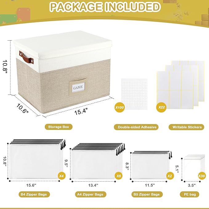 Board Game Storage, Board Game Organizer with 12pcs Zipper Bags and Writable Stickers, Board Game Organizers Storage with Lid for Office Supplies, Puzzles, Video Game, Craft Product,Beige